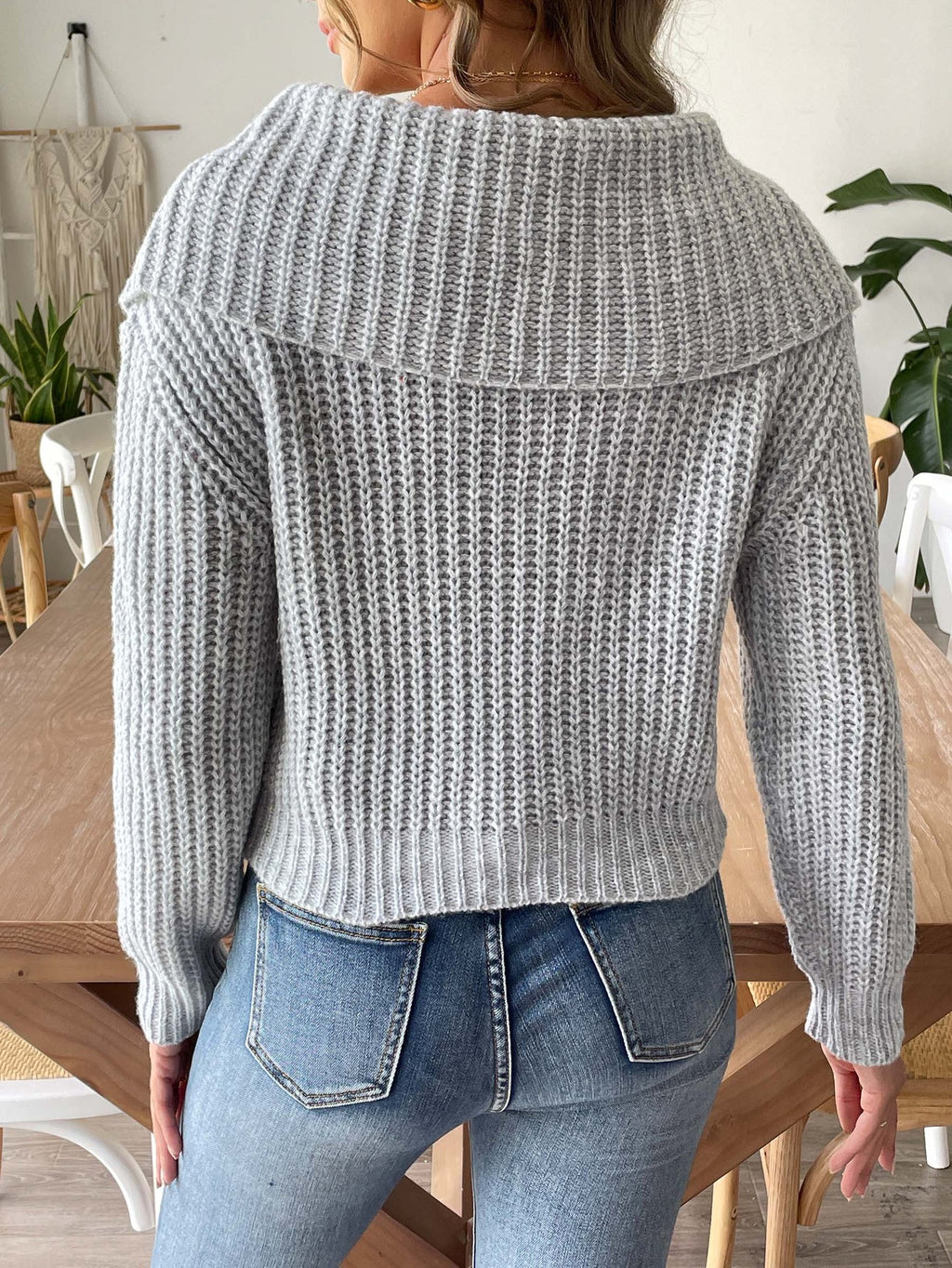 Wide Portrait Collar Ribbed Knit Jumper - ash - 5