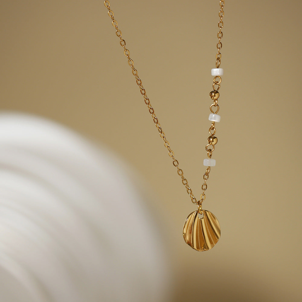 Shell Pendant Pearl Bead Chain Necklace - Gold - 2