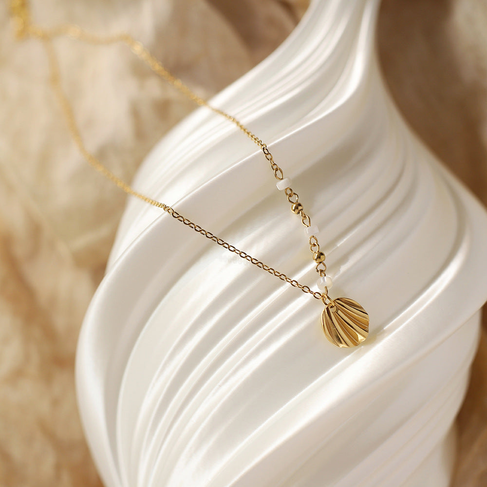 Shell Pendant Pearl Bead Chain Necklace - Gold - 3