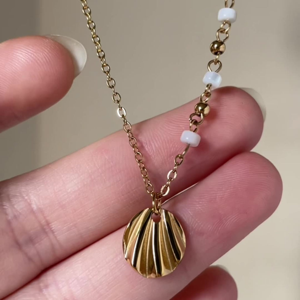 Shell Pendant Pearl Bead Chain Necklace - Gold - 5