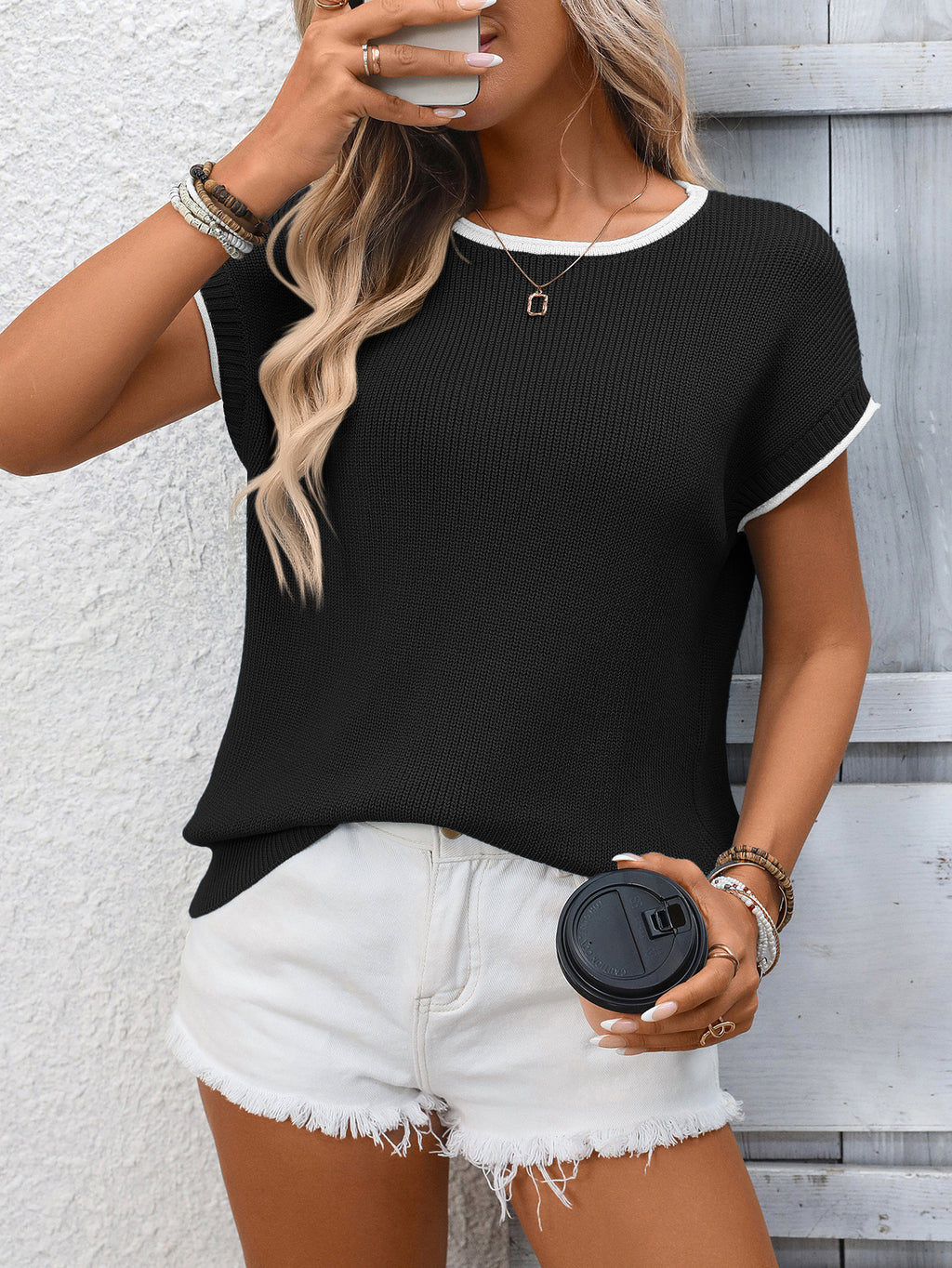 Contrast Trim Cap Sleeve Knit Top - Black