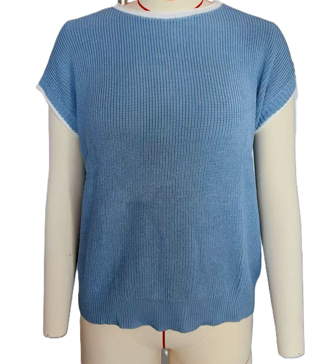 Contrast Trim Cap Sleeve Knit Top - Blue