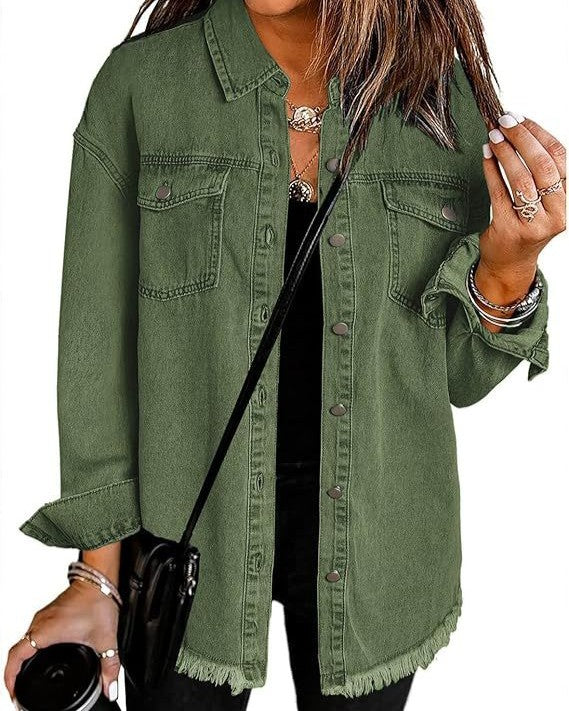 Frayed Hem Oversized Denim Shirt Jacket - Green