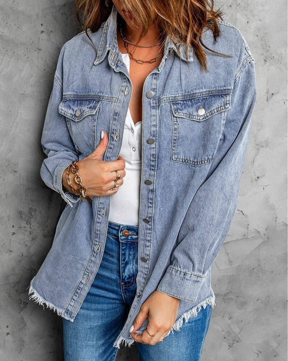 Frayed Hem Oversized Denim Shirt Jacket - Light-Blue