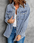 Frayed Hem Oversized Denim Shirt Jacket - Light-Blue