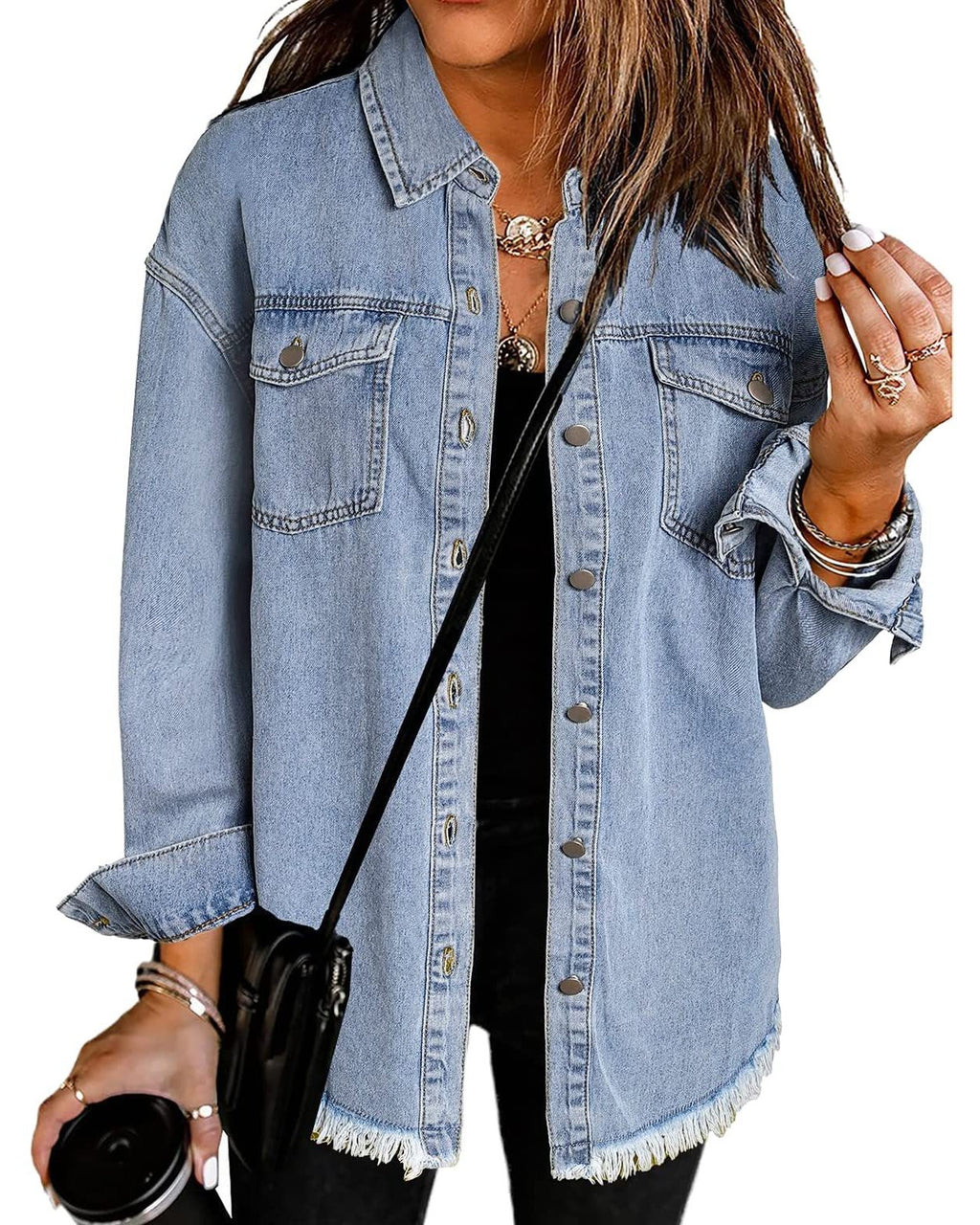 Frayed Hem Oversized Denim Shirt Jacket - Light-Blue - 1