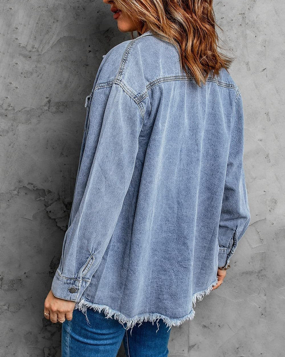 Frayed Hem Oversized Denim Shirt Jacket - Light-Blue - 2