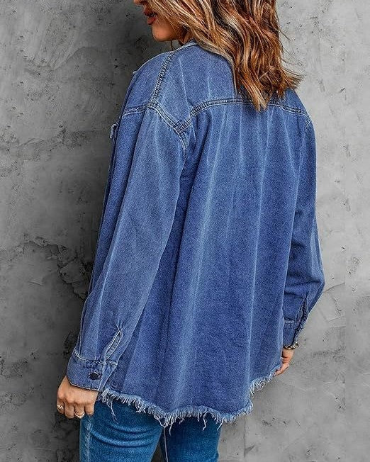 Frayed Hem Oversized Denim Shirt Jacket - Light-Blue - 3