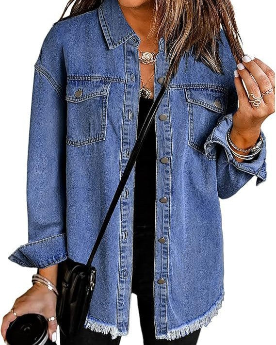 Frayed Hem Oversized Denim Shirt Jacket - TBlue