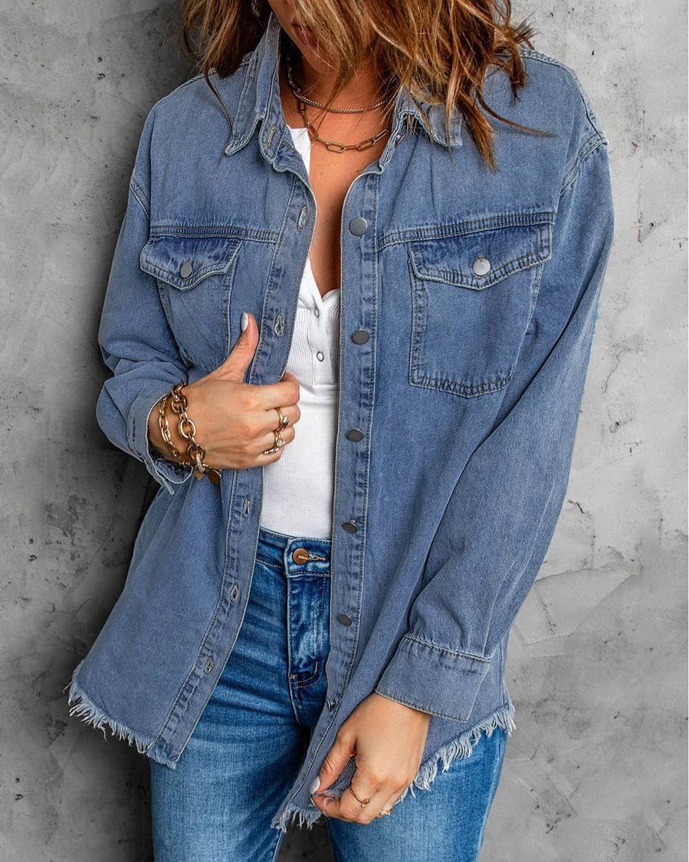 Frayed Hem Oversized Denim Shirt Jacket