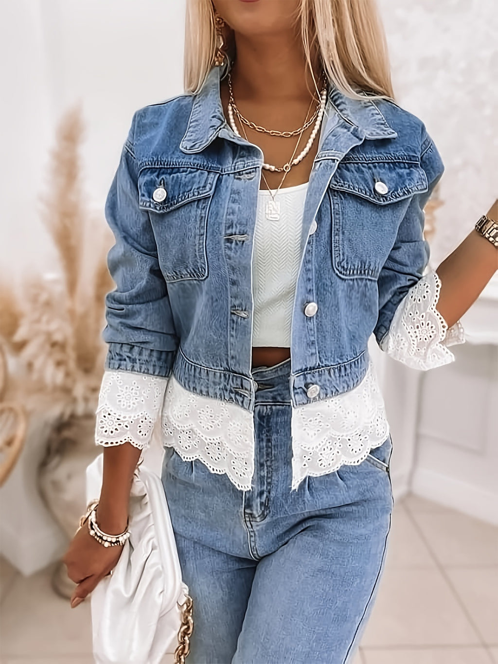 Eyelet Hem Cropped Denim Jacket - Blue - 1
