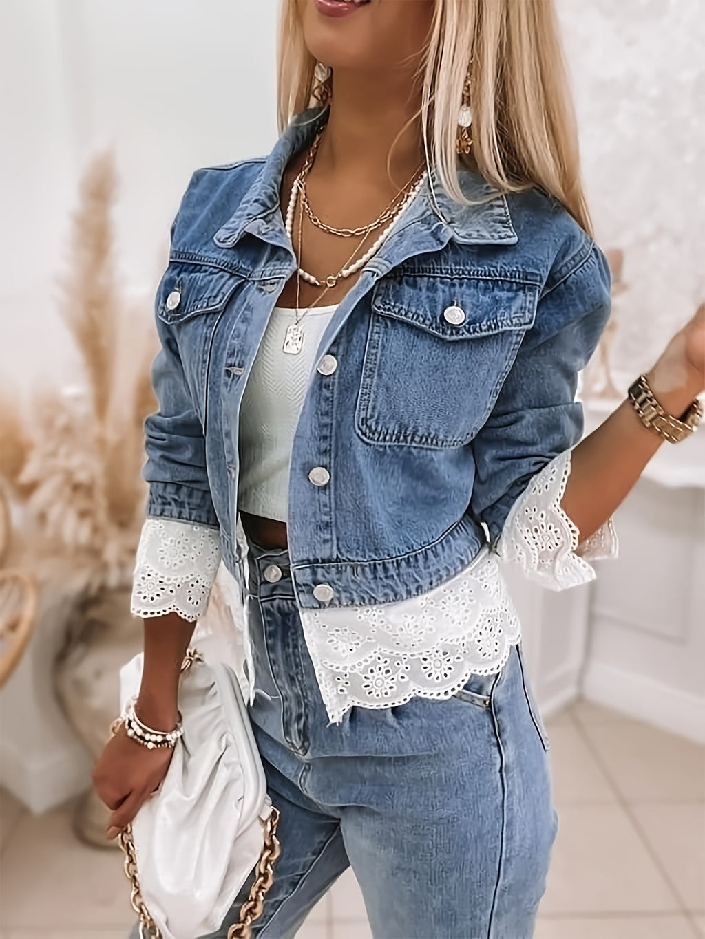 Eyelet Hem Cropped Denim Jacket - Blue - 2