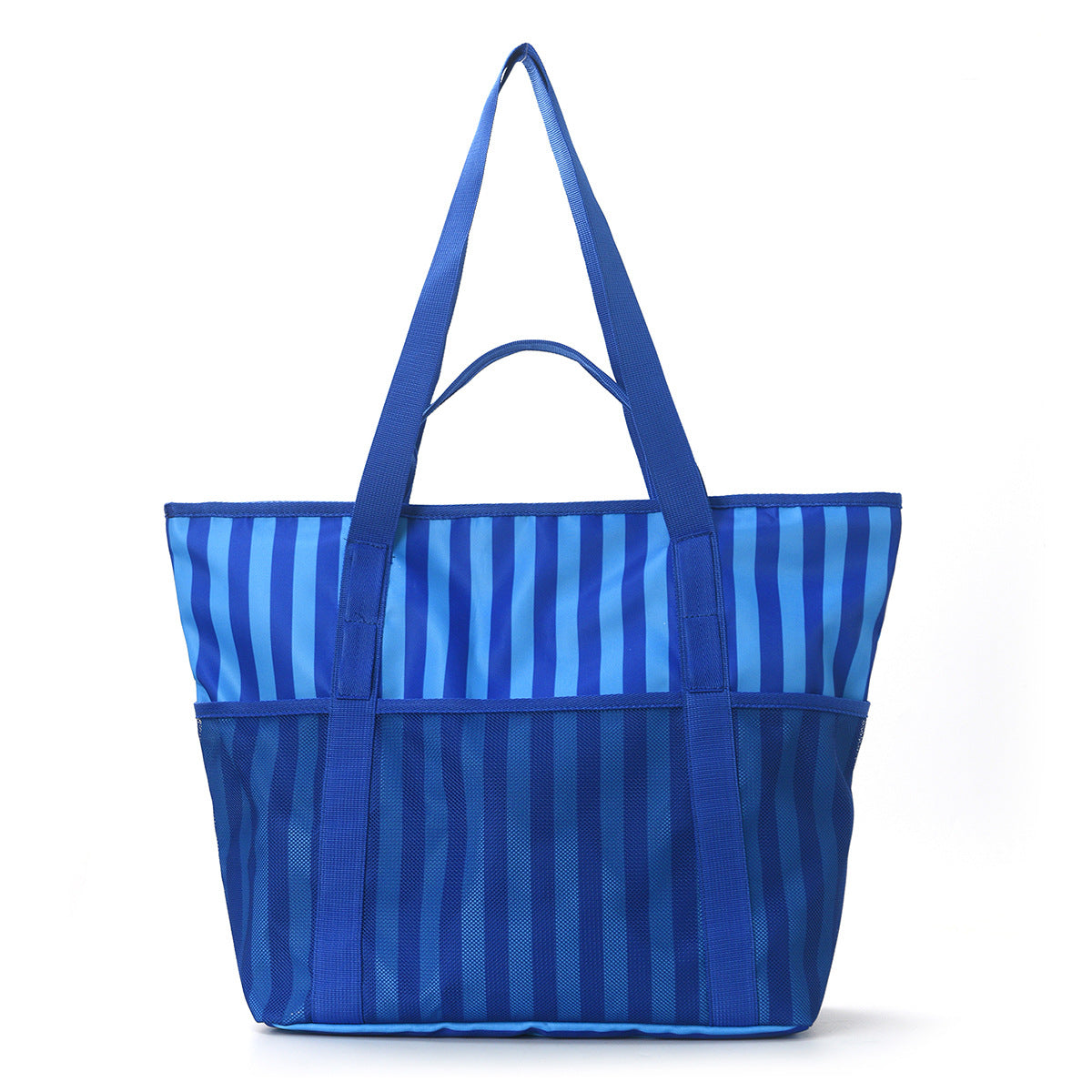 Mesh Stripe Beach Tote With Pockets - Blue