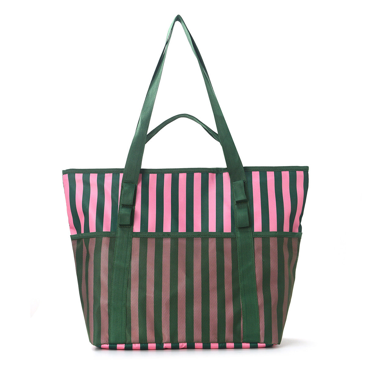 Mesh Stripe Beach Tote With Pockets - GPink