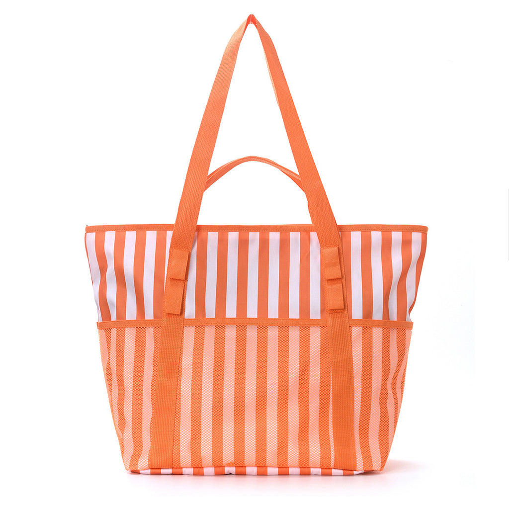 Mesh Stripe Beach Tote With Pockets - Orange