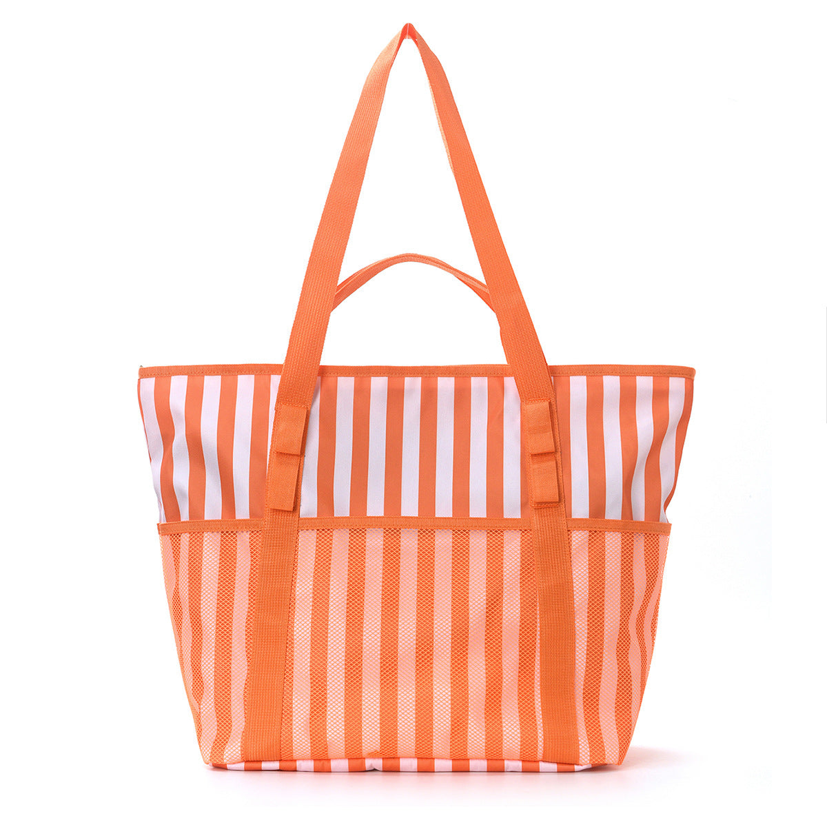Mesh Stripe Beach Tote With Pockets - Orange