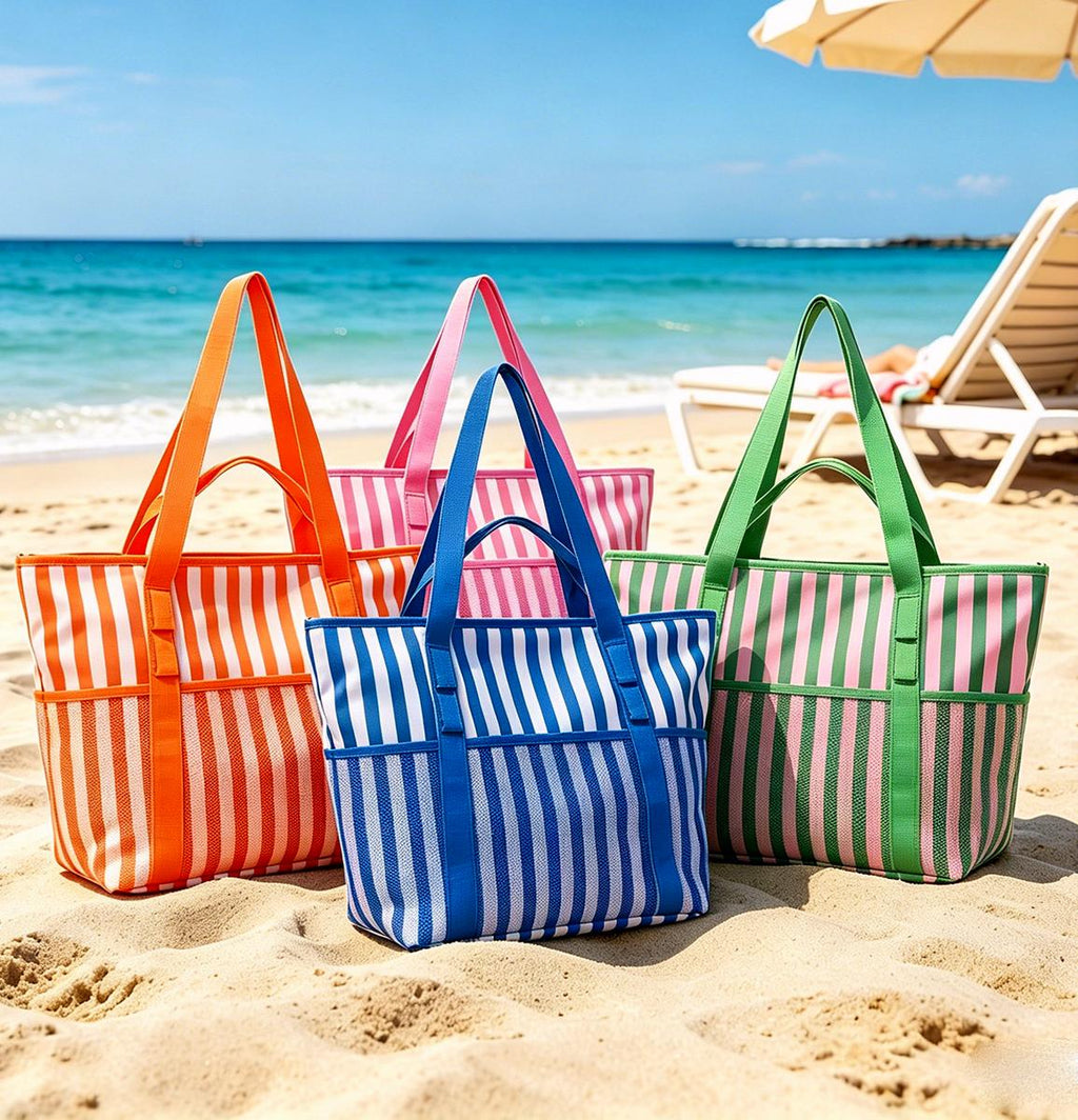 Mesh Stripe Beach Tote With Pockets - view 1