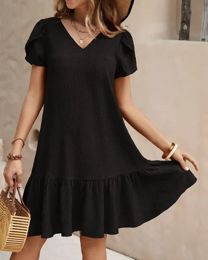 Puff Sleeve Ruffle Hem Swing Dress - Black