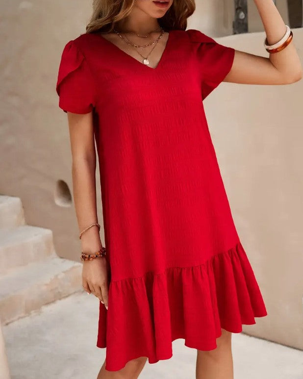 Puff Sleeve Ruffle Hem Swing Dress - Red