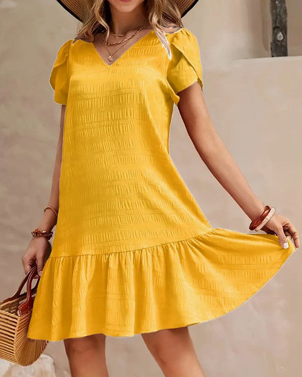 Puff Sleeve Ruffle Hem Swing Dress - Yellow