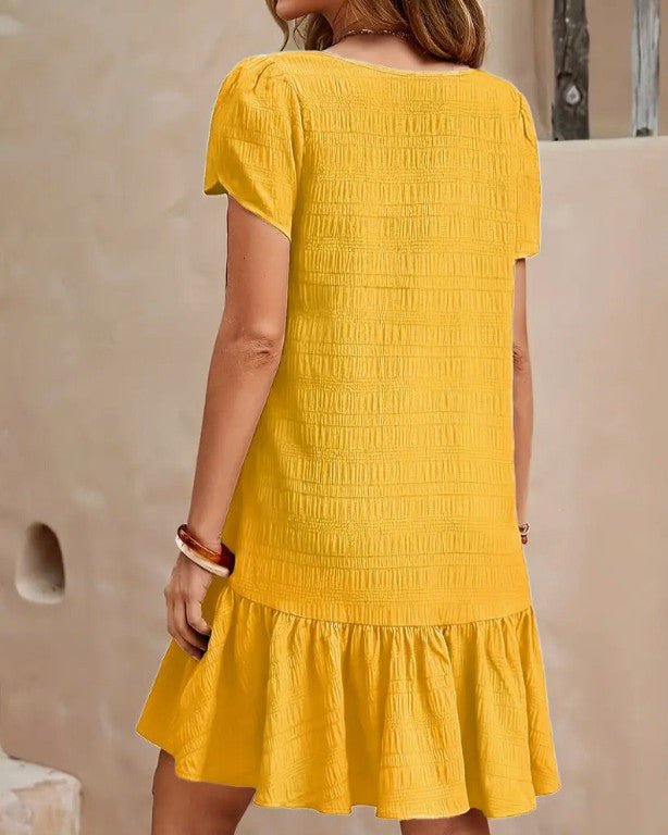 Puff Sleeve Ruffle Hem Swing Dress - Yellow - 1