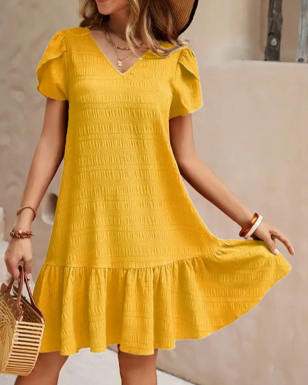 Puff Sleeve Ruffle Hem Swing Dress - Yellow - 2