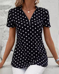 Polka Dot Quarter Zip V Neck Top - Color