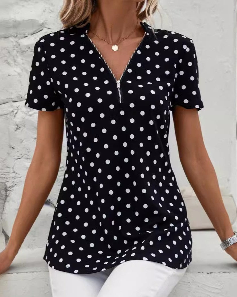 Polka Dot Quarter Zip V Neck Top - Color