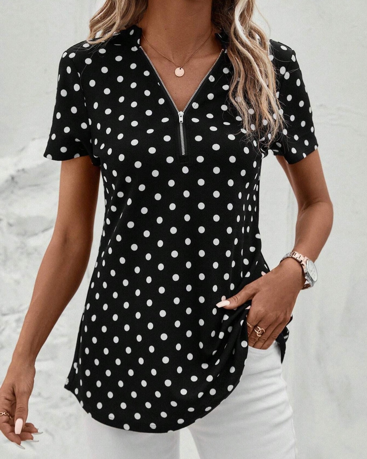 Polka Dot Quarter Zip V Neck Top - Color - 1