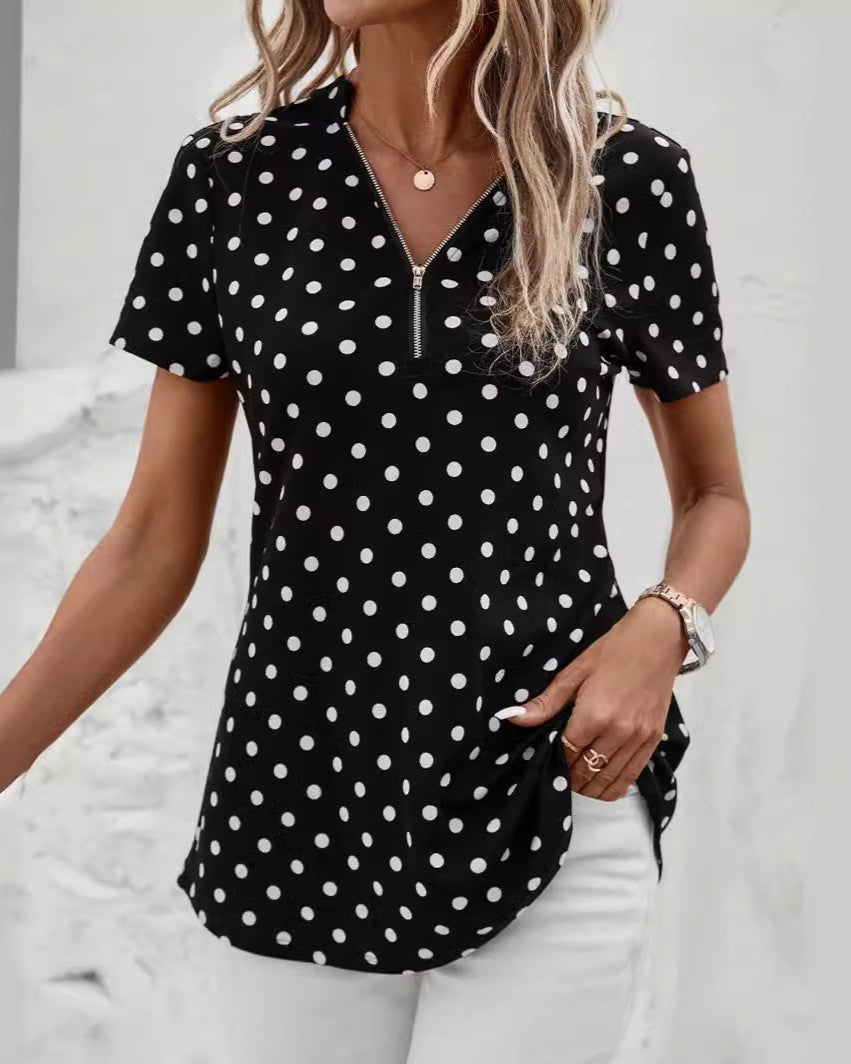 Polka Dot Quarter Zip V Neck Top - Color - 2
