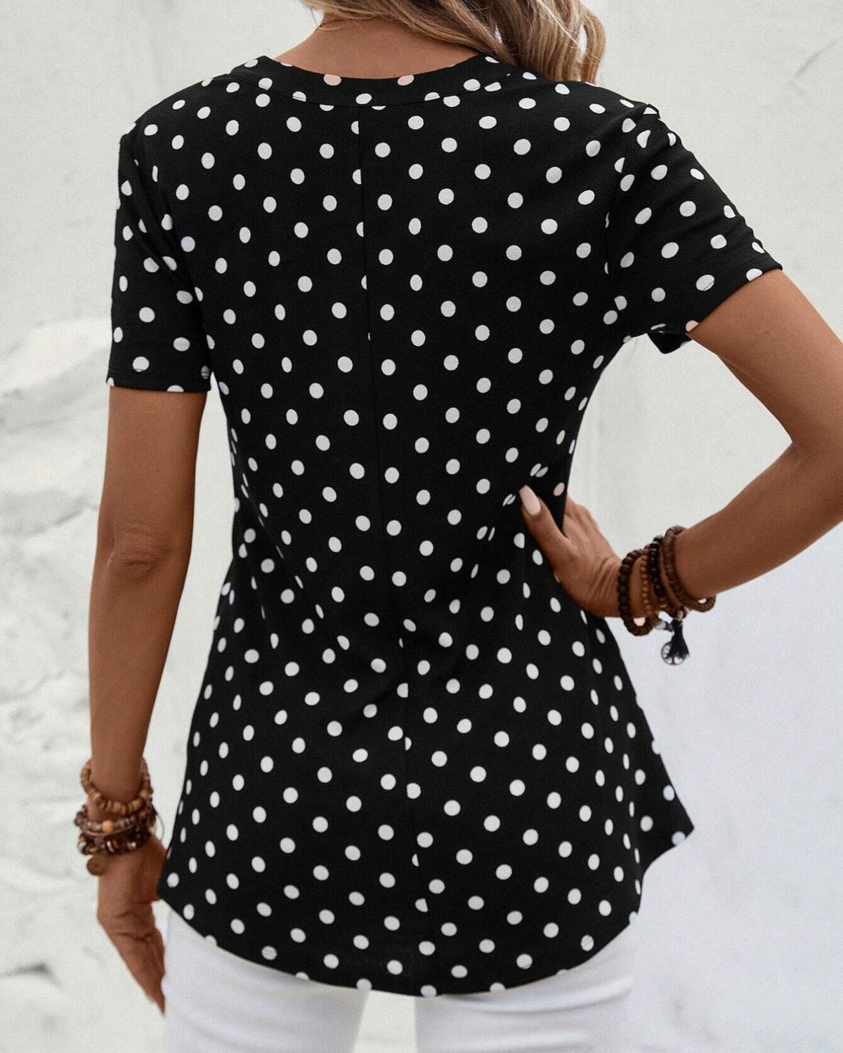 Polka Dot Quarter Zip V Neck Top - Color - 3