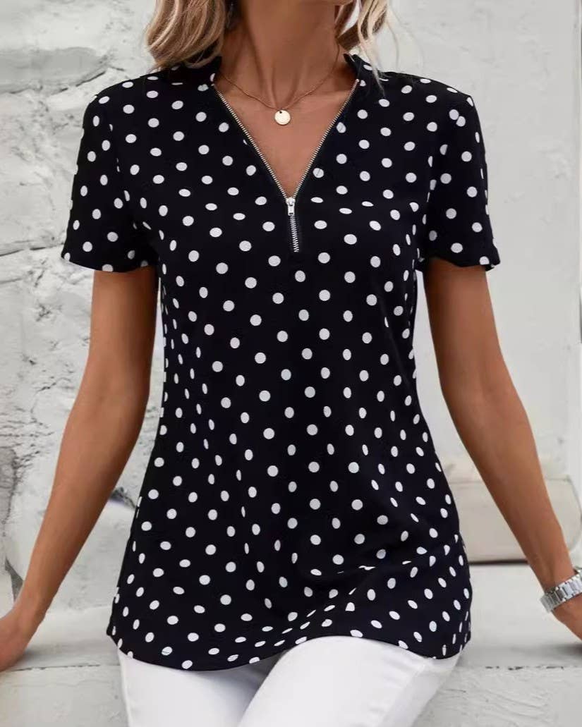 Polka Dot Quarter Zip V Neck Top