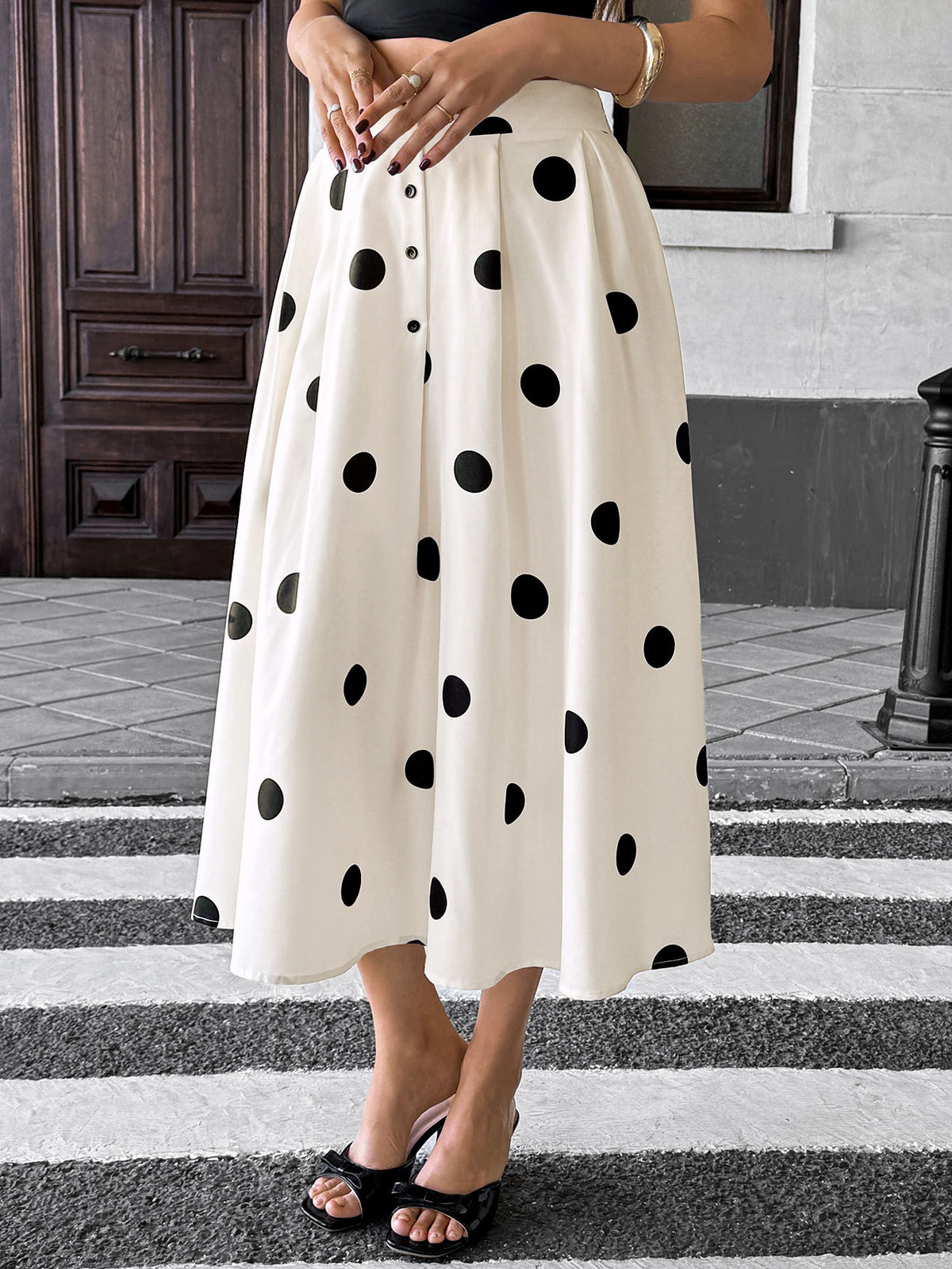 Retro Polka Dot A-Line Midi Skirt - Apricot - 1