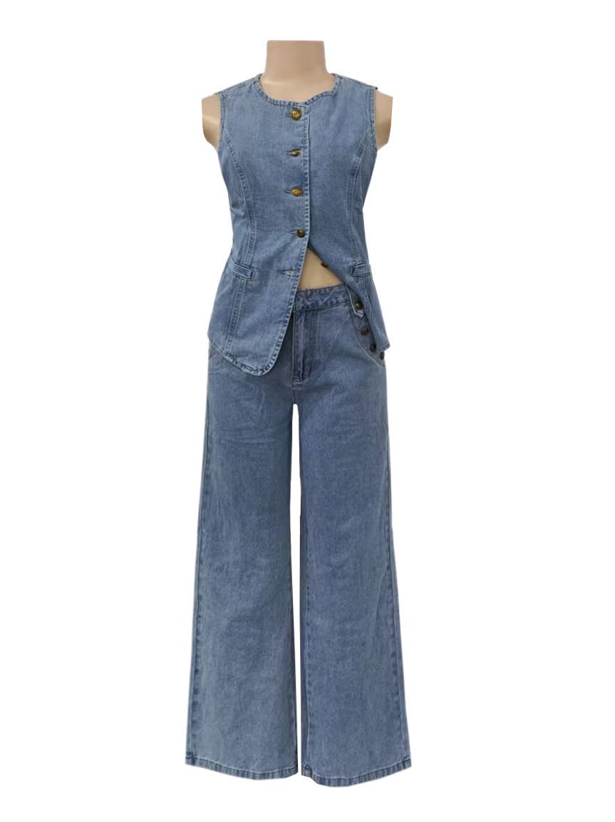 Denim Vest Top and Wide-Leg Pants Set