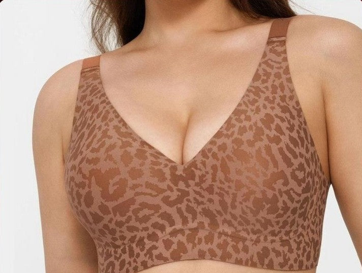 Seamless Smooth Wireless Deep V Molded Cup Bra - Orange Leopard