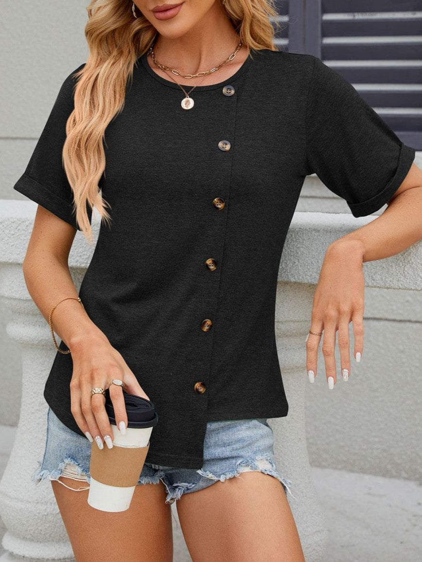 Side Button Asymmetric Hem Short Sleeve Shirt - Black