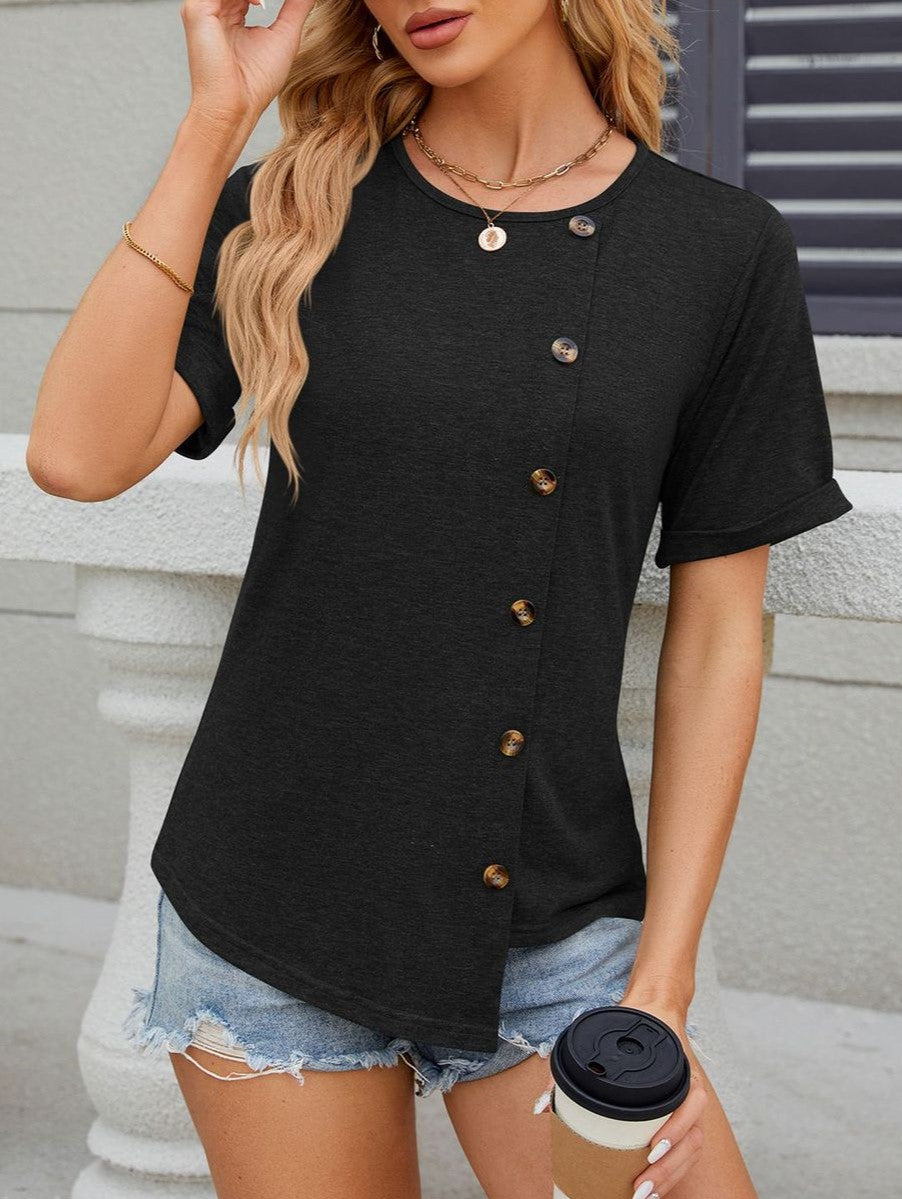 Side Button Asymmetric Hem Short Sleeve Shirt - Black - 1
