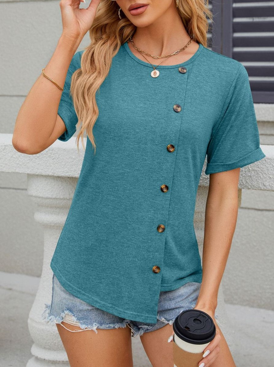 Side Button Asymmetric Hem Short Sleeve Shirt - Bluegreen - 1