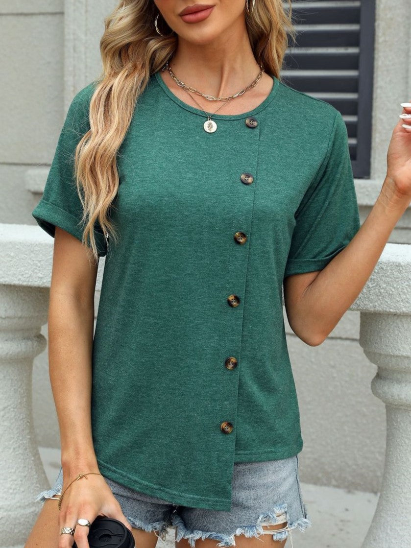 Side Button Asymmetric Hem Short Sleeve Shirt - Darkgreen