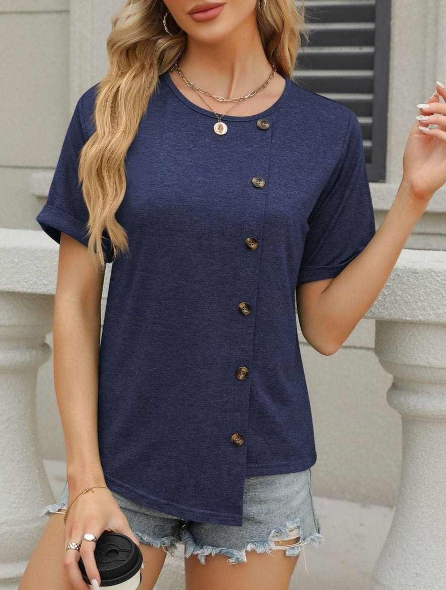 Side Button Asymmetric Hem Short Sleeve Shirt - Navyblue
