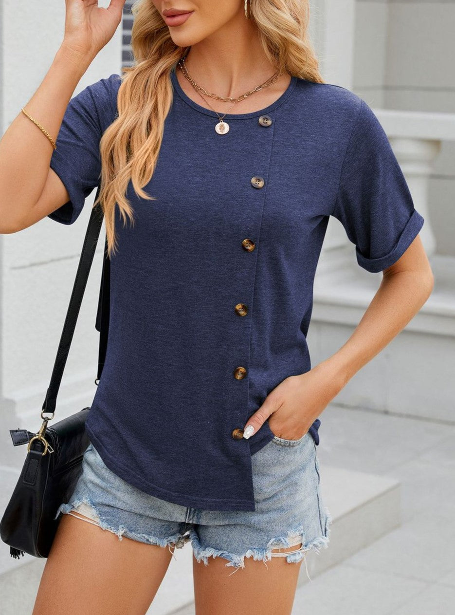Side Button Asymmetric Hem Short Sleeve Shirt - Navyblue - 1