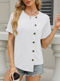 Side Button Asymmetric Hem Short Sleeve Shirt - White