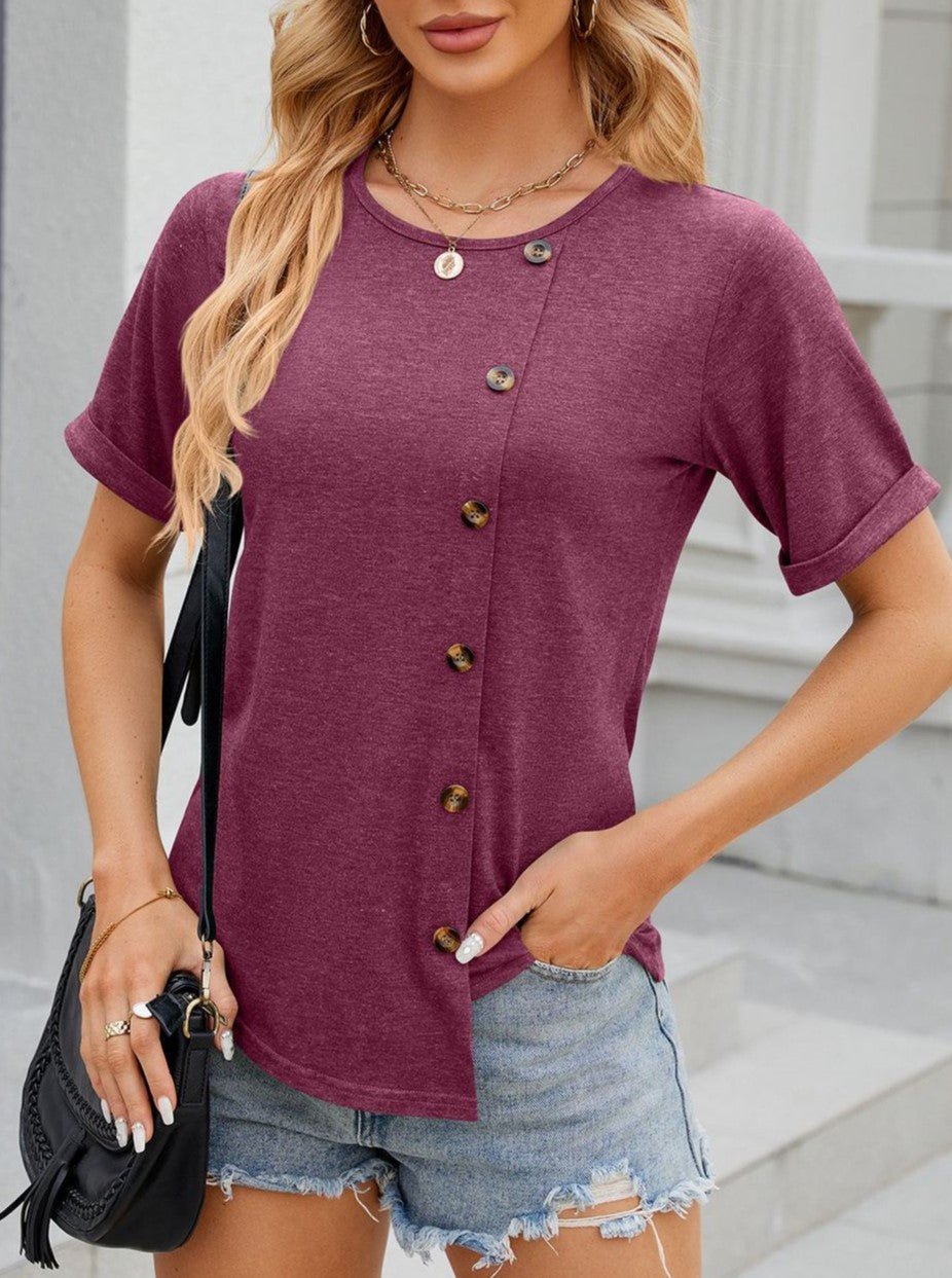 Side Button Asymmetric Hem Short Sleeve Shirt - Winered
