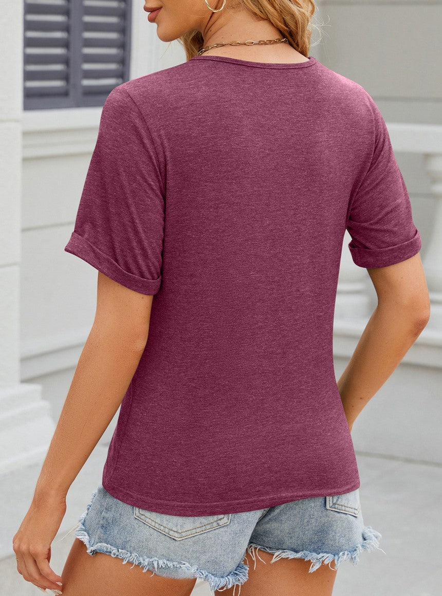 Side Button Asymmetric Hem Short Sleeve Shirt - Winered - 1