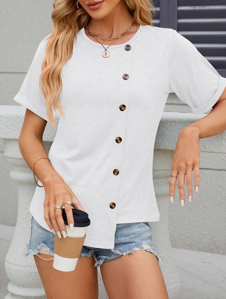 Side Button Asymmetric Hem Short Sleeve Shirt