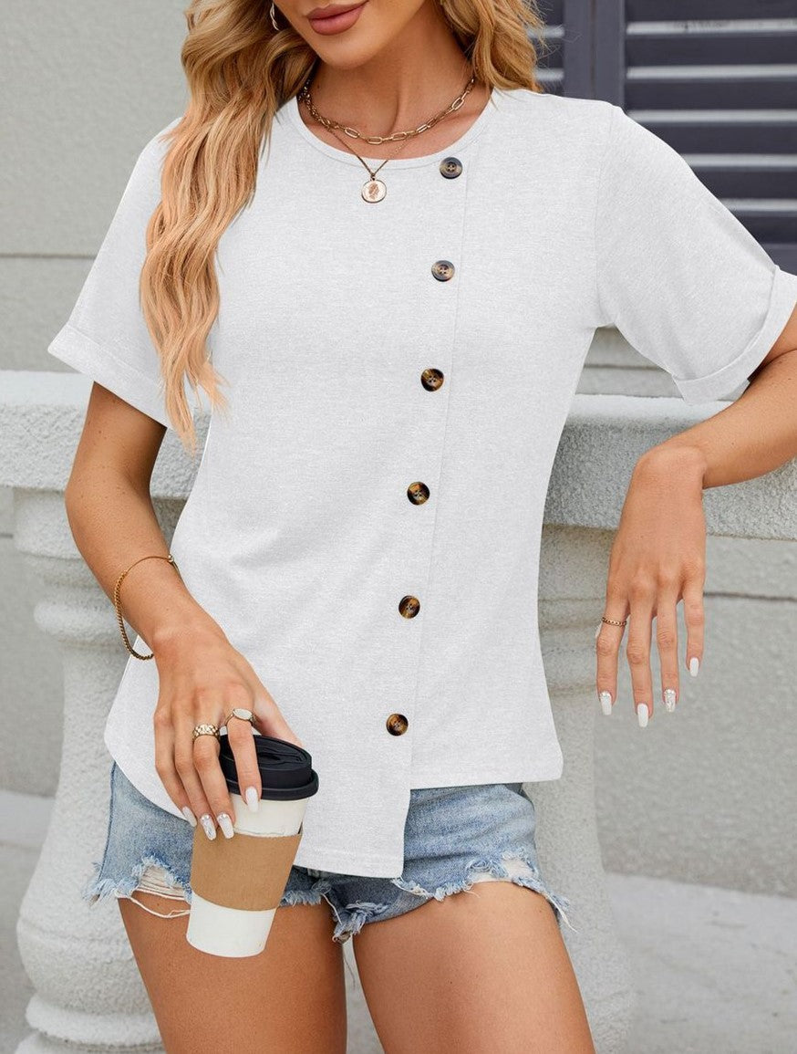 Side Button Asymmetric Hem Short Sleeve Shirt - view 1