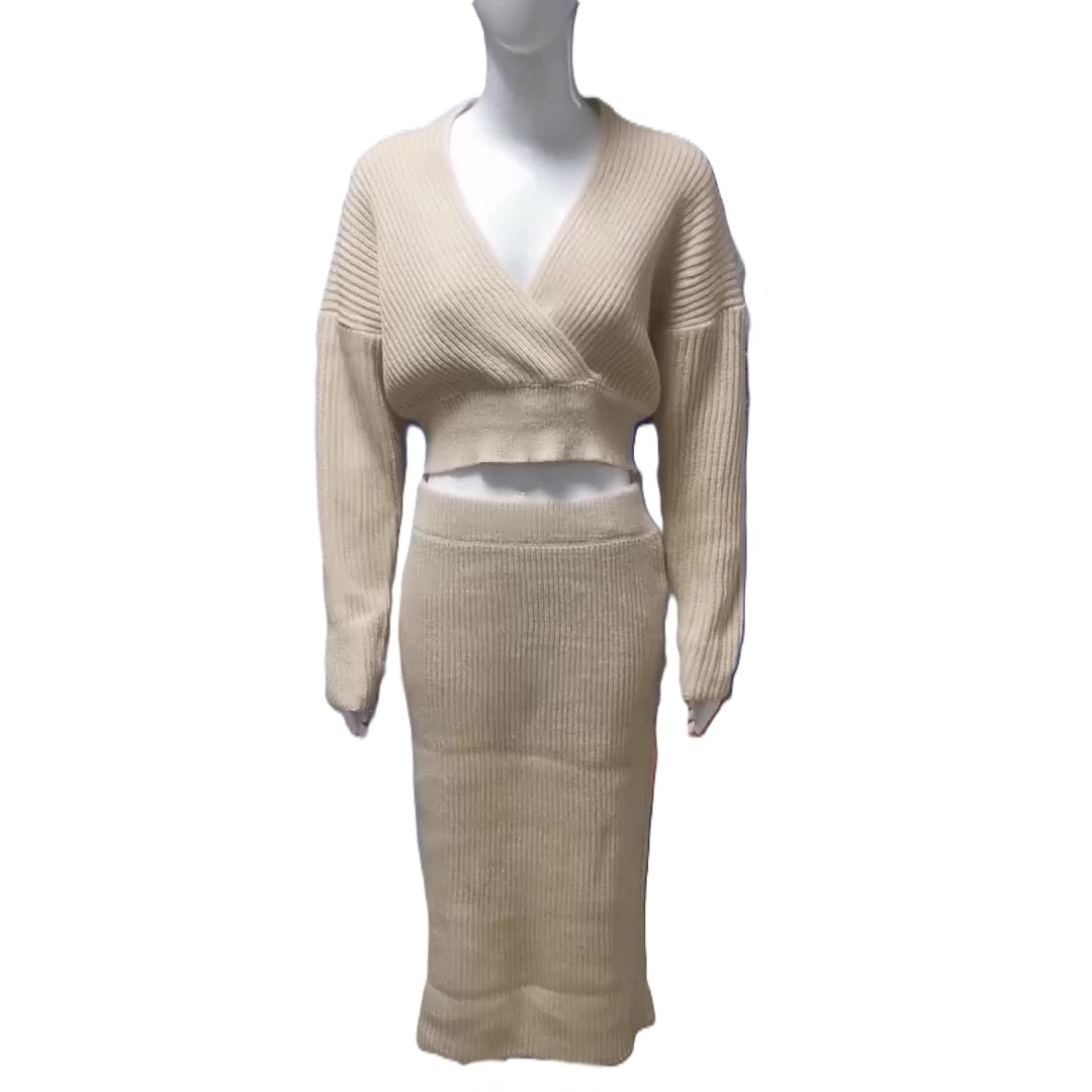 Ribbed Knit Wrap Crop Top and Maxi Skirt Set - Apricot