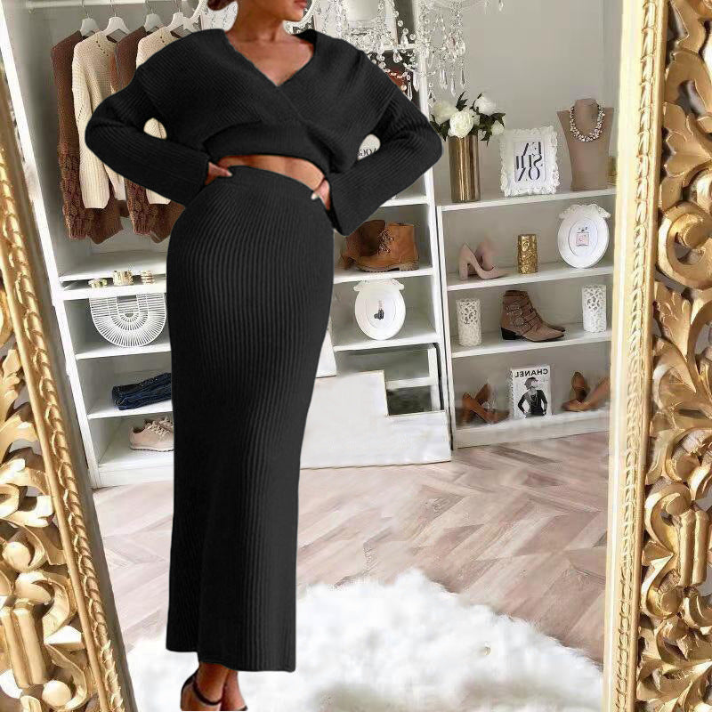 Ribbed Knit Wrap Crop Top and Maxi Skirt Set - Black