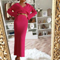 Ribbed Knit Wrap Crop Top and Maxi Skirt Set - Red