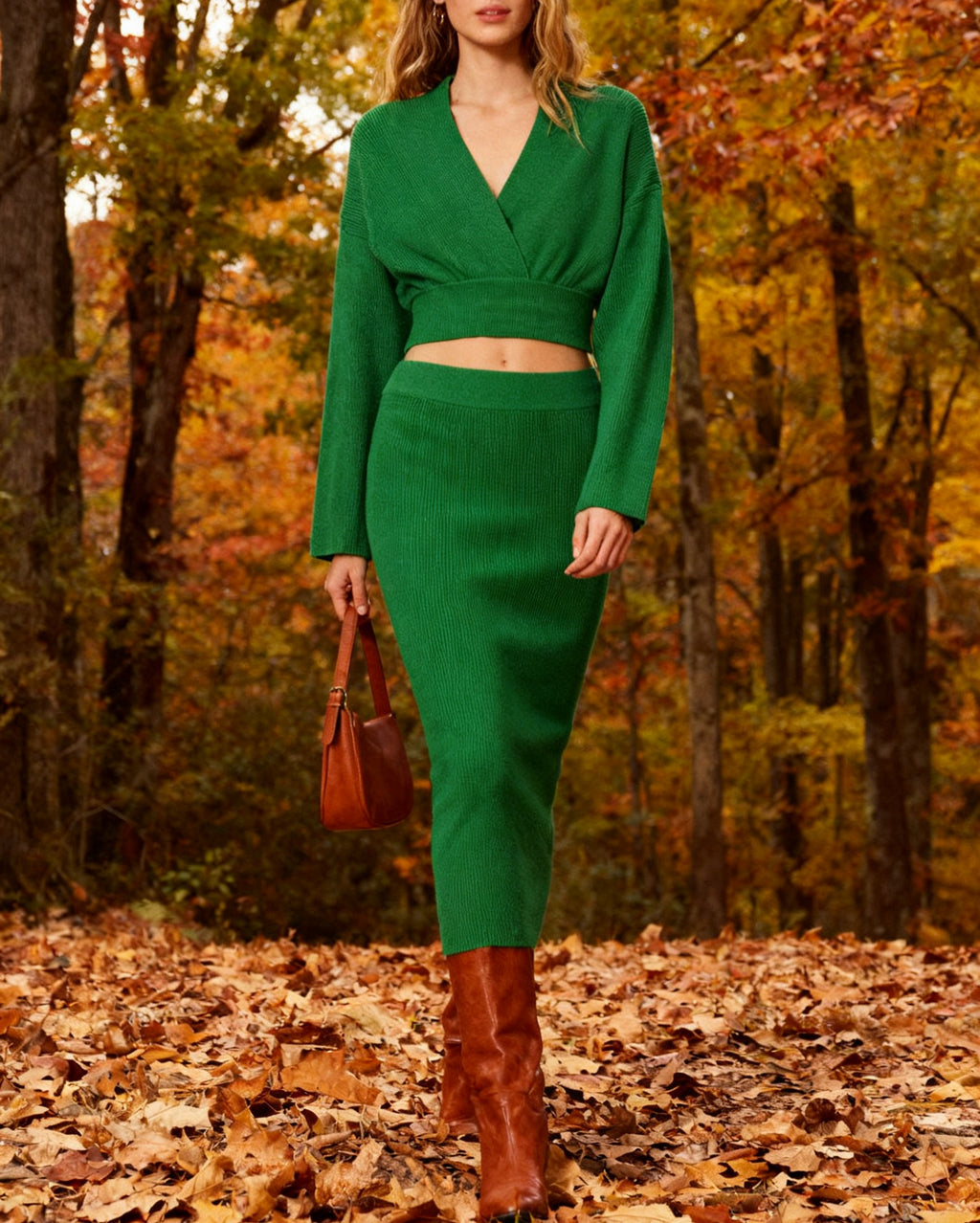 Ribbed Knit Wrap Crop Top and Maxi Skirt Set